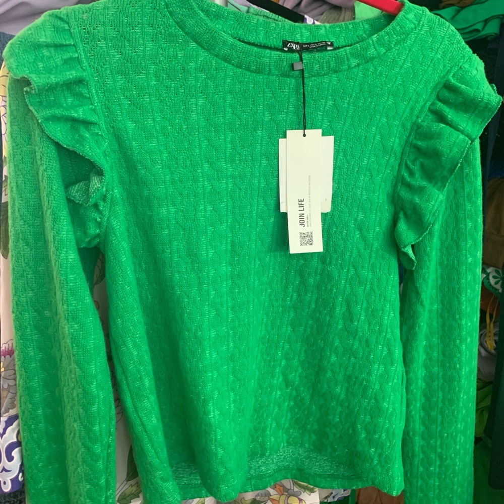 Zara Green Cable Knit Ruffle-Sleeve Sweater Top